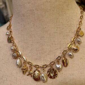 NWT Charming Gold Tone Necklace with Seaside Charms and Pearls